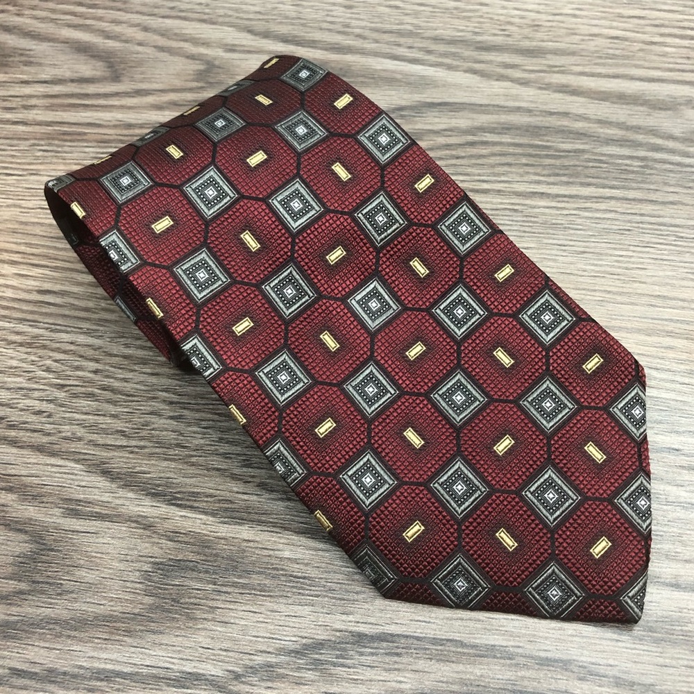 Kolte Dark Red, Grey & Gold Check Silk Tie